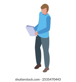 El trabajador de oficina está revisando los documentos en esta ilustración isométrica