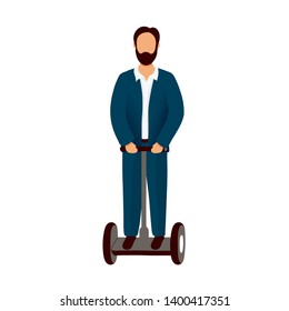 Office worker riding electrical self-balancing scooter. Flat modern trendy style. Vector illustration character icon. Isolated on white background. 
