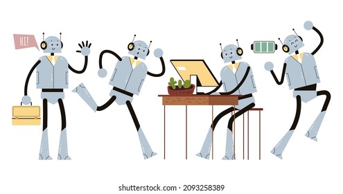 Robot de trabajador de oficina en escena y pose diferentes. Conjunto aislado de diseño gráfico de dibujos animados planos vectoriales