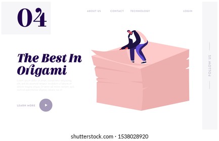Office Worker Routine Bureaucracy or Decorative Art Occupation Website Landing Page. Tiny Man Sitting on Top of Huge Paper Sheets for Creating Origami Web Page Banner. Cartoon Flat Vector Illustration