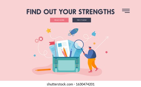 Office Worker Routine Website Landing Page. Businessman with Magnifying Glass Stand on Ladder at Huge Portfolio Searching Documents in Briefcase Web Page Banner. Cartoon Flat Vector Illustration