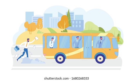 Office Worker Running After Bus With Falling Papers From Suitcase Flat Cartoon Vector Illustration. Man Hurrying To Work. Public Transport With Passengers In Formal Clothing. Late For Job.