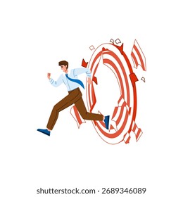 Office worker running and breaking through red and white target, overcoming obstacles, achieving success, business goal, motivation, and challenge concept