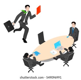 Office worker running with a briefcase and a folder in hand. Office staff meeting at the round table.