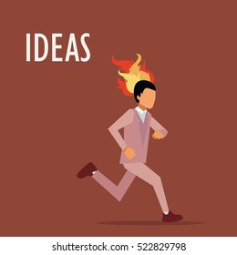 Office worker running from a burning head. A man full of ideas. Man late for work