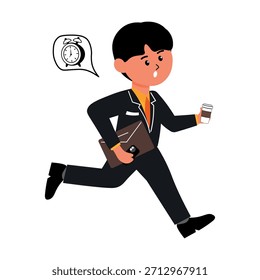 Trabajador de oficina corriendo con café para trabajar Ilustración vectorial de apuro de empleado tardío