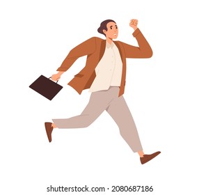 Office Worker Running Fast, Hurrying To Be In Time At Work. Busy Employee Rushing. Stressed Man Is Late With Deadlines Of Urgent Businesses. Flat Vector Illustration Isolated On White Background