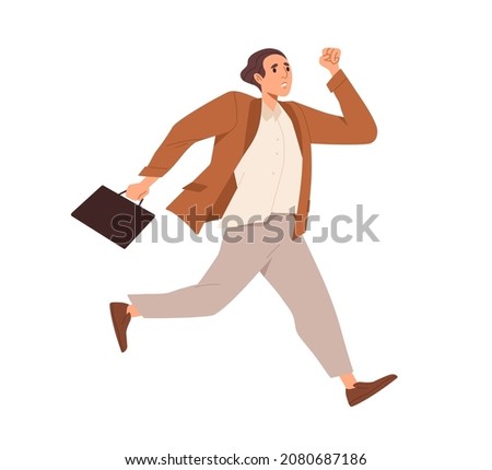 Office worker running fast, hurrying to be in time at work. Busy employee rushing. Stressed man is late with deadlines of urgent businesses. Flat vector illustration isolated on white background