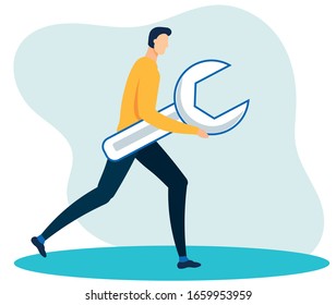 Office Worker Running Holding Big Wrench in Hands. Flat Man with Spanner Cutout Illustration. Business Mechanism. Adjustment Technical Support and Service Vector. Cartoon Mechanic Manager Employee