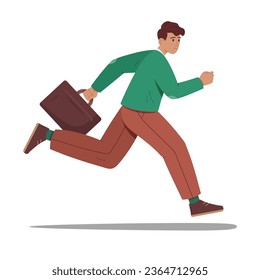 Office worker running, late for work. Busy employee rushing. Stressed man is late with deadlines of urgent businesses. Flat vector illustration isolated on white background