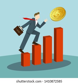 Office worker running up the positive chart  stairs to bitcoin. Business infographics elements. Business Plan. Graphs and Charts. Flat design. Vector color illustration. 