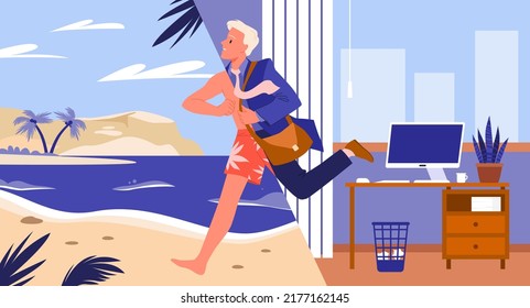 Office worker running from workplace to summer sand beach and tropical sea vector illustration. Cartoon businessman character in hurry to travel and rest background. Vacation, weekend concept