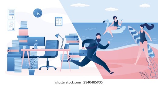 Office worker runs away from work to tropical beach. Male employee, heap of paper documents and folders at workspace. Businessman quickly leaves workplace and goes on vacation. Overworking. vector