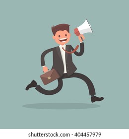 Office worker runs and keeps the bullhorn. The character for an urgent information message