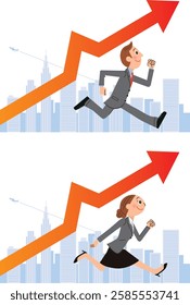 An office worker runs through an office district with a large arrow rising