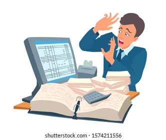 An office worker scared of the amount of paperwork. The man tries to shield himself from the desk with a computer and documents. Vector cartoon illustration isolated white background.