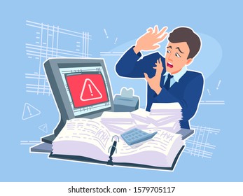 An office worker scared of the error, virus message on a computer. Unhappy emotion on a businessman face. Vector cartoon flat character illustration on a colored background.