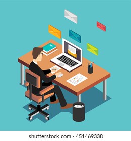 An office worker sending emails and communication with clients. Email marketing concept. Flat 3d isometric technology concept.