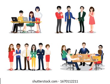 Office worker set. Bundle of men and women taking part in business meeting, negotiation, brainstorming, talking to each other. Colorful vector illustration in flat cartoon style 