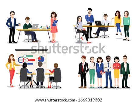 Office worker set. Bundle of men and women taking part in business meeting, negotiation, brainstorming, talking to each other. Colorful vector illustration in flat cartoon style 