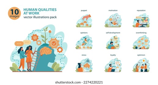Office worker set. Business character or employee daily attitude. Human qualities at workplace idea. Career deveopment and responsibility. Corporate relations and leadership.