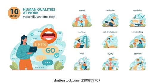 Office worker set. Business character or employee daily attitude. Human qualities at workplace idea. Career deveopment and responsibility. Corporate relations and leadership.