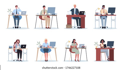 Office worker set. Business people character in office. Person in suit doing different work. Employee at their workplace. Isolated flat vector illustration