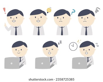 office worker set, businessman, human, sleepy, overtime, notice, question