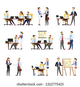 Office worker set. Collection of business people in suit communicate. Teamwork concept. Boss and employee. Isolated vector cartoon illustration