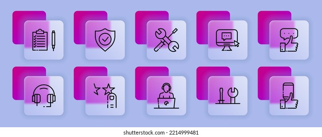 Office worker set icon. PC work, support service, chat, correspondence, rating, star, hotline, operator, website, online consulting. Feedback concept. Glassmorphism style. Vector icon for Business