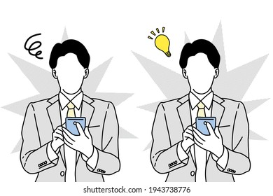 Office worker set with a smartphone hand draw style pictogram vector flatline design illustration.