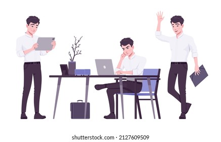 Office worker set, young businessman, male busy employee. Brunette smart boy, slim manager in formal wear. Vector flat style cartoon character isolated on white background, different poses