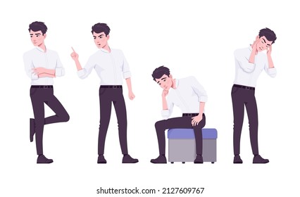 Office worker set, young businessman, male employee feeling negative emotions. Brunette smart boy in formal wear. Vector flat style cartoon character isolated on white background, different poses