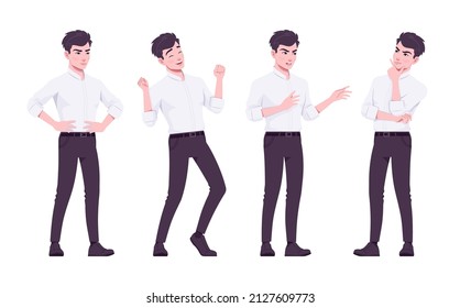 Office worker set, young businessman, male employee feeling positive emotions. Brunette smart boy in formal wear. Vector flat style cartoon character isolated on white background, different poses