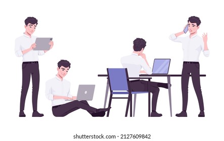 Office worker set, young businessman, male employee with gadgets. Brunette smart boy, manager in formal wear. Vector flat style cartoon character isolated on white background, different poses