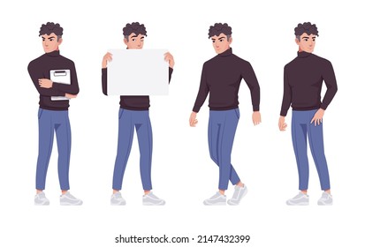 Office worker set, young businessman, male employee standing full length. Brunette smart tall boy in formal wear. Vector flat style cartoon character isolated on white background, different poses