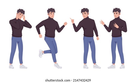 Office worker set, young businessman, male employee standing negative emotions. Brunette smart tall boy in formal wear. Vector flat style cartoon character isolated, white background, different poses