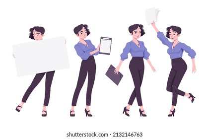 Office worker set, young businesswoman, female employee with paper. Brunette smart girl in formal wear. Vector flat style cartoon character isolated on white background, different poses