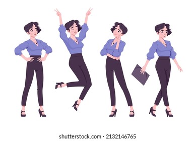 Office worker set, young businesswoman, female employee feeling positive emotions. Brunette smart girl in formal wear. Vector flat style cartoon character isolated on white background, different poses