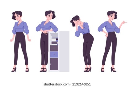 Office worker set, young businesswoman, female employee feeling negative emotions. Brunette smart girl in formal wear. Vector flat style cartoon character isolated on white background, different poses