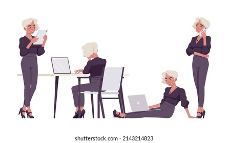 Office worker set, young businesswoman, female employee working with gadgets. Busy blonde smart girl in formal wear. Vector flat style cartoon character isolated on white background, different poses