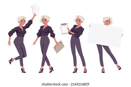 Office worker set, young businesswoman, female employee doing paper work. Blonde smart girl in formal wear with banner. Vector flat style cartoon character isolated, white background, different poses