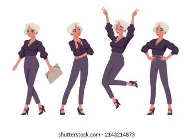 Office worker set, young businesswoman, female employee feeling positive emotions. Blonde smart girl in formal wear. Vector flat style cartoon character isolated on white background, different poses