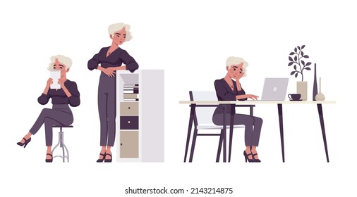Office Worker Set, Young Businesswoman, Female Employee Doing Office Work. Busy Blonde Smart Girl In Formal Wear. Vector Flat Style Cartoon Character Isolated On White Background, Different Poses