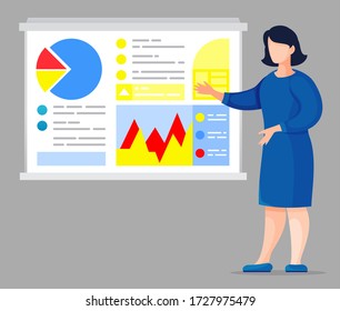 Präsentation von Büroarbeitern auf der digitalen Tafel. Geschäftsfrau in blauem Bürokleid isoliert auf grauem Hintergrund mit Daten, Diagramm, Grafik, Infografiken an Bord. Mitarbeiter in der betrieblichen Ausbildung