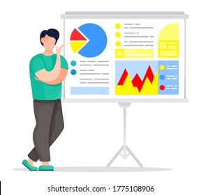 Office worker show presentation at digital board, gesture hand. Businessman isolated at white background. Data, chart, graphics, infographics at board. Worker, coacher, trainer at business training