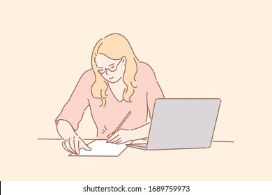 Office worker signing contract, business concept. Young businesswoman office secretary, clerk or manager, freelancer employee writing, signing contract, fills questionnaire or application form profile