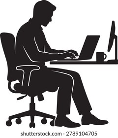 Office worker silhouette man using laptop and desktop computer