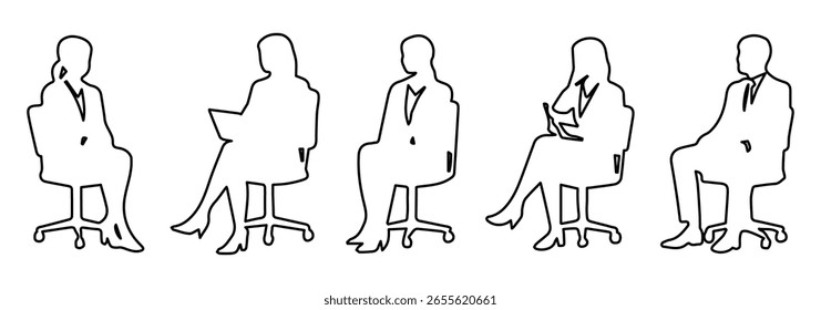 Office worker silhouette vector icon. Silhouettes of business people sitting, men and women sit on armchair, office chair with laptop, tablet, front, side view. business people working at desks vector