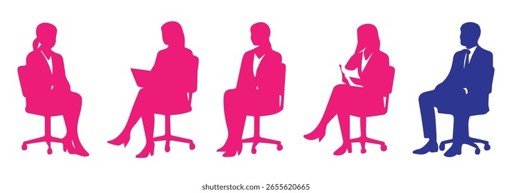 Icono de Vector de silueta de trabajador de oficina. Siluetas de la gente de negocios sentada, hombres y mujeres se sientan en el sillón, silla de la oficina con el ordenador portátil, tableta, frente, vista lateral Personas de negocios que trabajan en los escritorios Vector